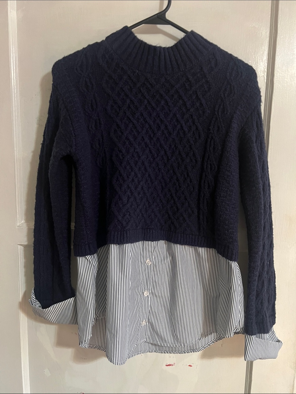 Aqua Navy Cable-Knit Sweater with Striped Shirt Hem